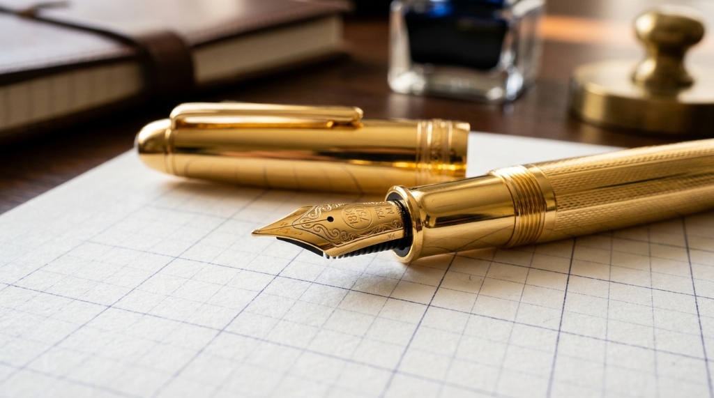 Golden Fountain Pen resting on graph paper with inkwell